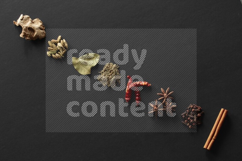 أعواد القرفة  والقرنفل واليانسون النجمي والفلفل الحار والكمون وأوراق الغار والهيل وزنجبيل علي خلفية سوداء