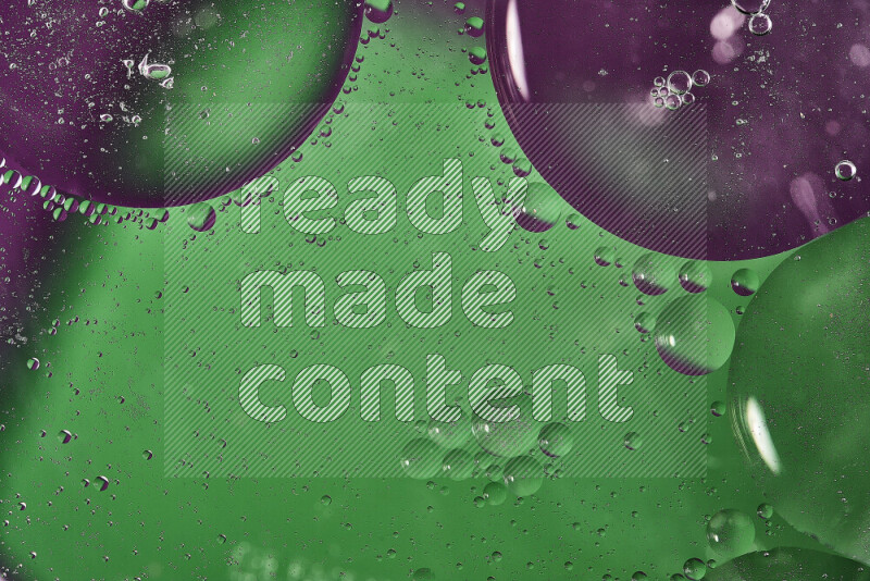 Close-ups of abstract oil bubbles on water surface in shades of green and purple