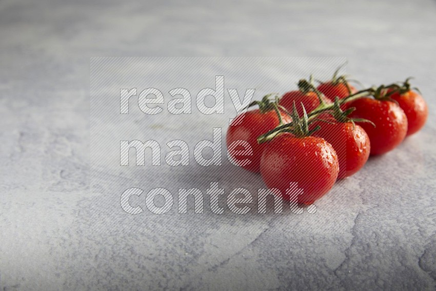 Red cherry tomato vein on a light grey textured background 45 degree